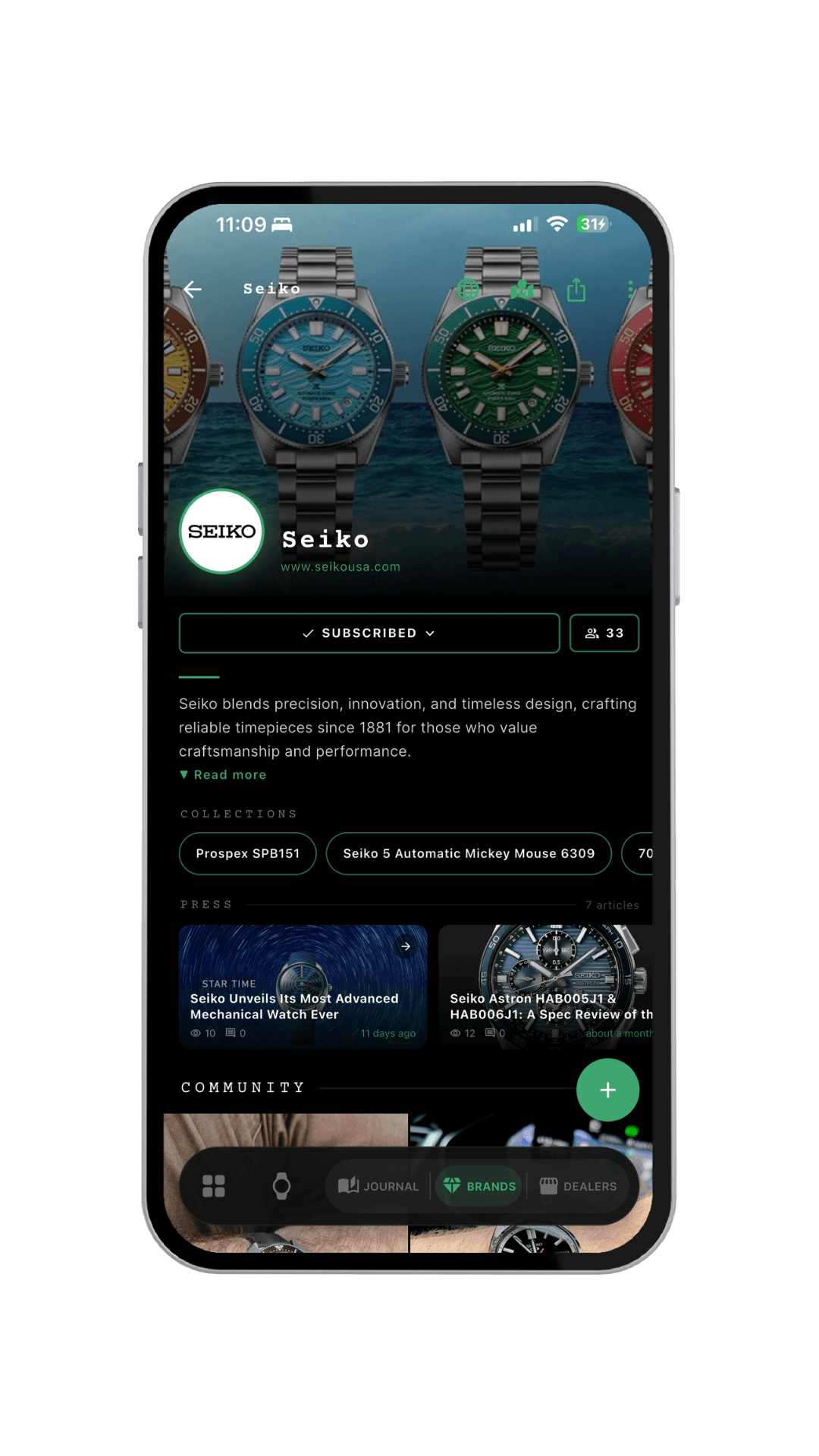 The Seiko brand page in the Veloce app with banner, subscribe button, collections, press articles and community posts