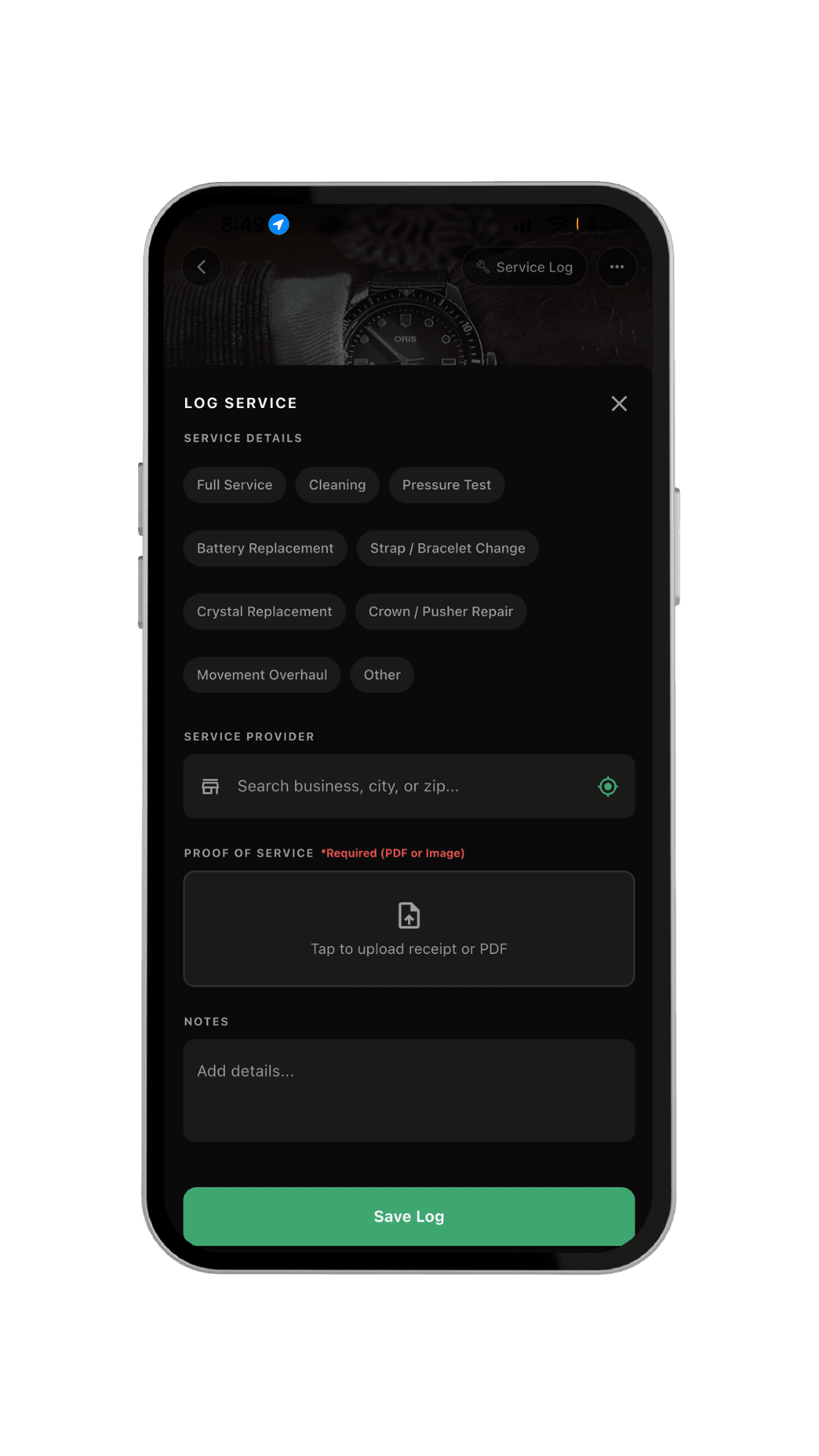 The Log Service sheet in the Veloce app with service types, provider search, and proof-of-service upload