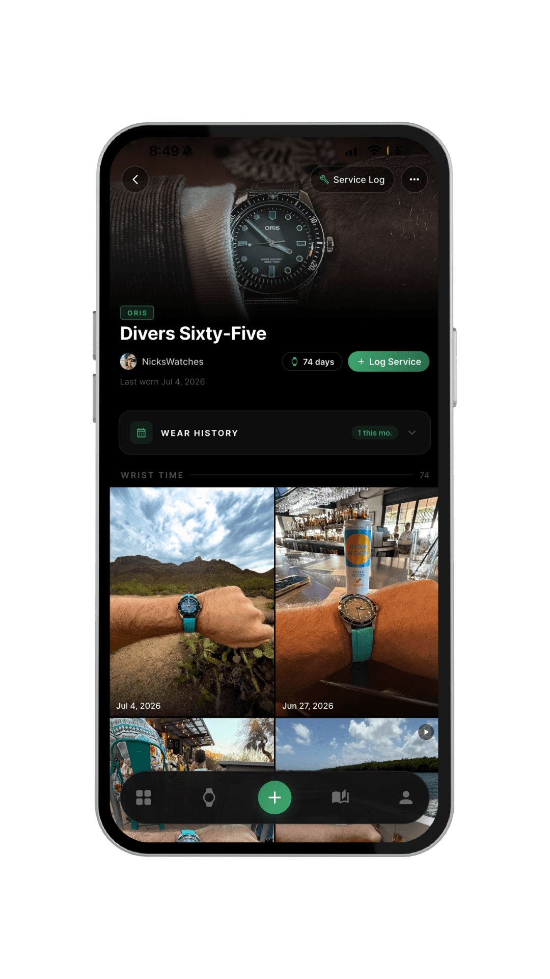 A single watch page in the Veloce app showing wear history and a gallery of dated wrist shots