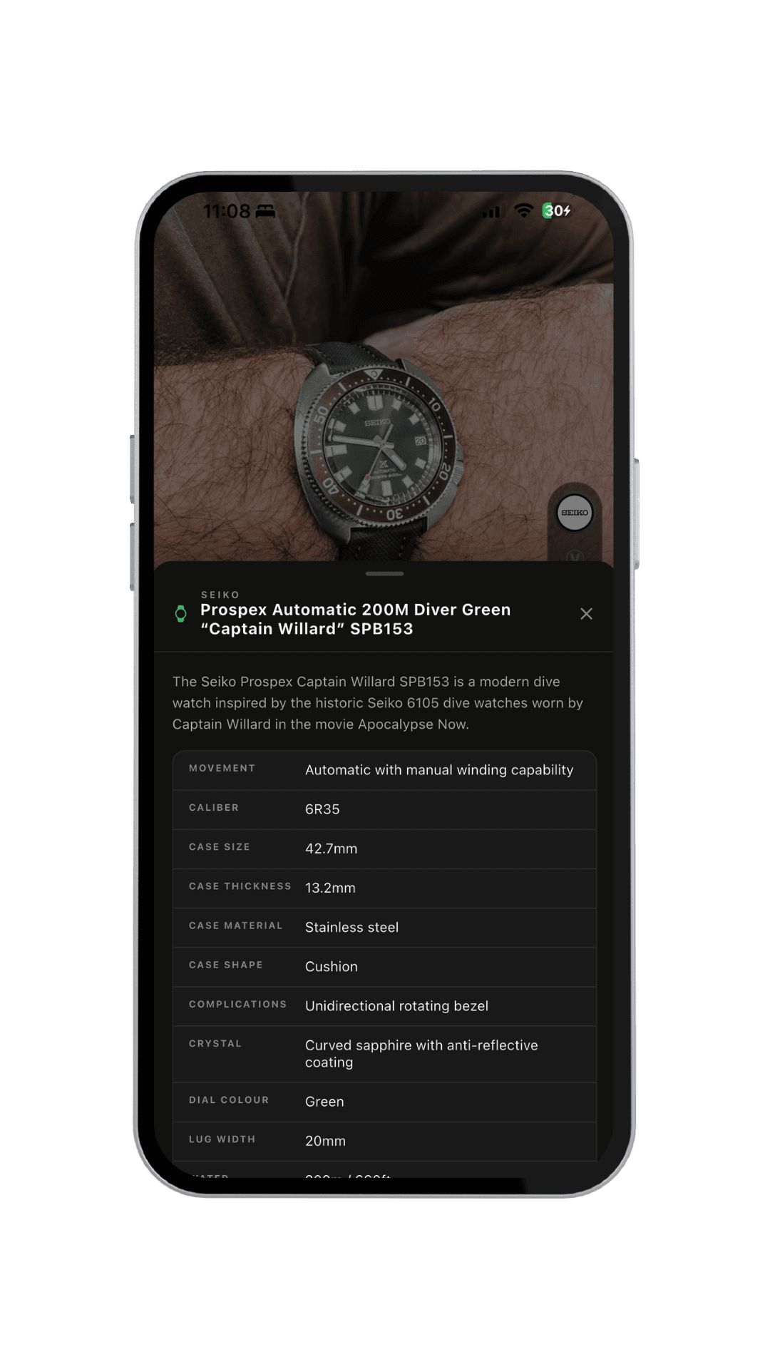 A watch spec sheet in the Veloce app showing movement, caliber, case size and full specifications from a feed post