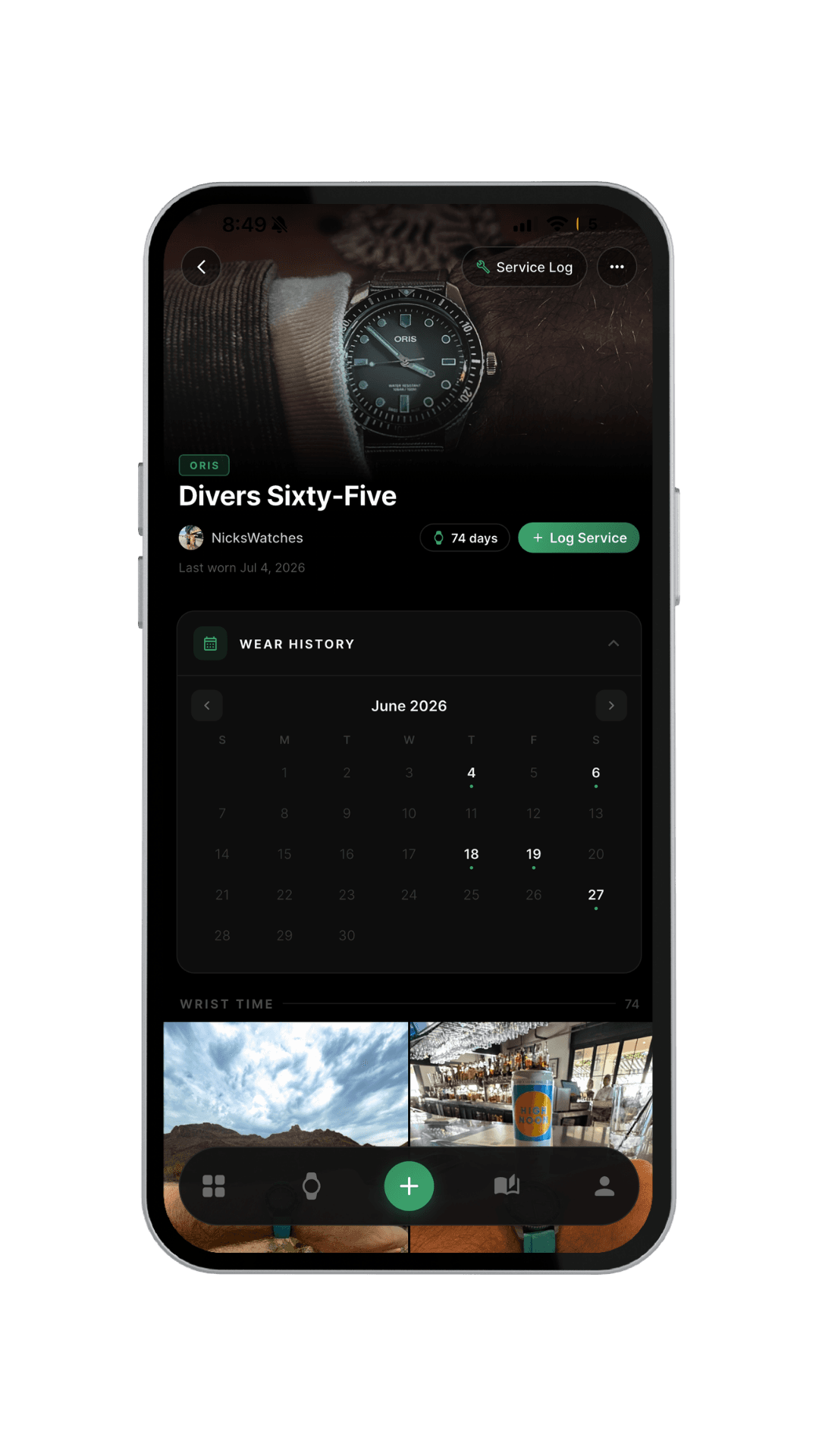The wear-history calendar on a watch page, with green dots marking the days the watch was worn
